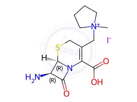 Chemical structure of 1-(((6R,7R)-7-Amino-2-carboxy-8-oxo-5-thia-1-azabicyclo[4.2.0]oct-2-en-3-yl)methyl)-1-methylpyrrolidin-1-ium iodide