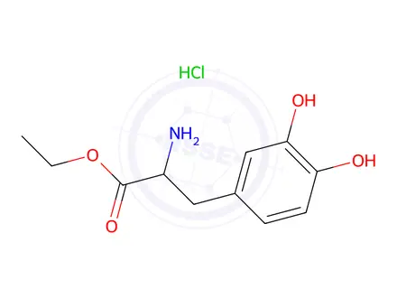 Chemical structure of Ethyl 2-amino-3-(3,4-dihydroxyphenyl)propanoate hydrochloride