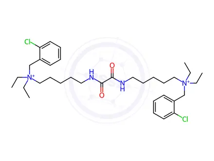 Chemical structure of (2-chlorophenyl)methyl-[5-[[5-[(2-chlorophenyl)methyl-diethyl-ammonio] pentylcarbamoylformyl]amino]pentyl]-diethyl-azanium diiodide