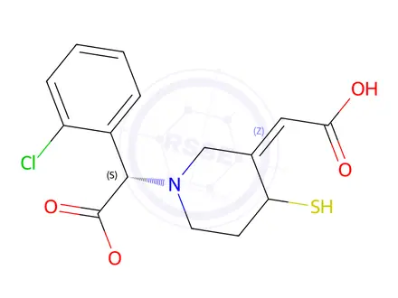 Chemical structure of (Z)-2-(1-((S)-1-(2-Chlorophenyl)-2-methoxy-2-oxoethyl)-4-mercaptopiperidin-3-ylidene)acetic Acid