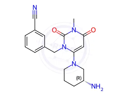 Chemical structure of (R)-3-((6-(3-Aminopiperidin-1-yl)-3-methyl-2,4-dioxo-3,4-dihydropyrimidin-1(2H)-yl)methyl)benzonitrile