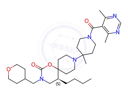 Chemical structure of 1-Oxa-3,9-diazaspiro[5.5]undecan-2-one, 5-butyl-9-[1-[(4,6-dimethyl-5-pyrimidinyl)carbonyl]-4-methyl-4-piperidinyl]-3-[(tetrahydro-2H-pyran-4-yl)methyl]-, (5S)-