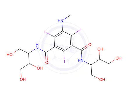 Chemical structure of 2,4,6-triiodo-5-(methylamino)-N1,N3-bis(1,3,4-trihydroxybutan-2-yl)isophthalamide