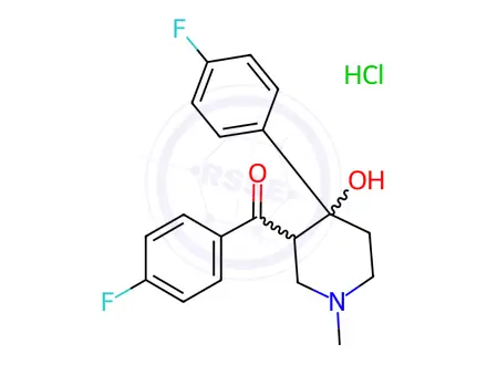 Chemical structure of p-fluorophenyl 4-(p-fluorophenyl)-4-hydroxy-1-methyl-3-piperidyl ketone hydrochloride