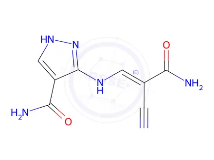 Chemical structure of (E)-3-((3-amino-2-cyano-3-oxoprop-1-en-1-yl)amino)-1H-pyrazole-4-carboxamide