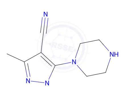 Chemical structure of 1,3-dimethyl-5-(piperazin-1-yl)-1H-pyrazole-4-carbonitrile