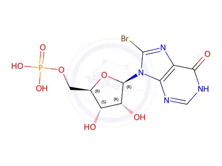 Chemical structure of ((2R,3S,4R,5R)-5-(8-Bromo-6-hydroxy-9H-purin-9-yl)-3,4-dihydroxytetrahydrofuran-2-yl)methyl dihydrogen phosphate