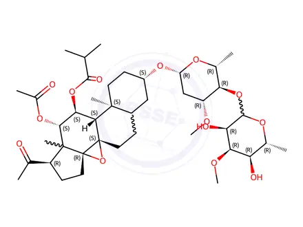 Chemical structure of Tenacigenin B, 3-O-β-Allopyranosyl-(1→4)-β-oleandropyranosyl-11-O-isobutyryl-12-O-acetyl-