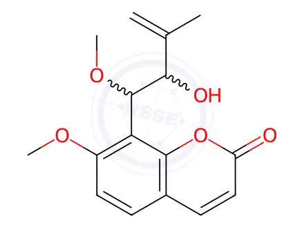 Chemical structure of 2H-1-Benzopyran-2-one, 8-(2-hydroxy-1-methoxy-3-methyl-3-buten-1-yl)-7-methoxy-, stereoisomer