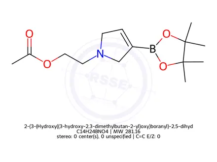 Chemical structure of 2-(3-(Hydroxy((3-hydroxy-2,3-dimethylbutan-2-yl)oxy)boranyl)-2,5-dihydro-1H-pyrrol-1-yl)ethyl acetate