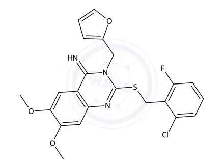 Chemical structure of 2-((2-Chloro-6-fluorobenzyl)thio)-3-(furan-2-ylmethyl)-6,7-dimethoxyquinazolin-4(3H)-imine