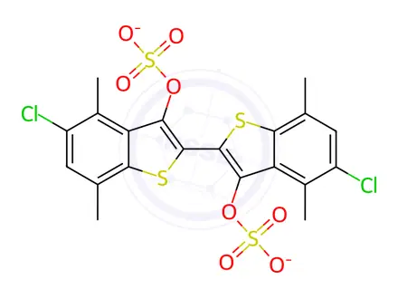 Chemical structure of 5,5'-Dichloro-4,4',7,7'-tetramethyl-2,2'-bibenzo[b]thiophene-3,3'-diol bis(sulfuric acid sodium) salt