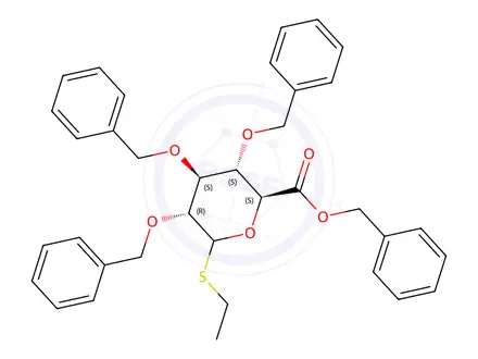 Chemical structure of Benzyl (2S,3S,4S,5R)-3,4,5-tris(benzyloxy)-6-(ethylthio)tetrahydro-2H-pyran-2-carboxylate