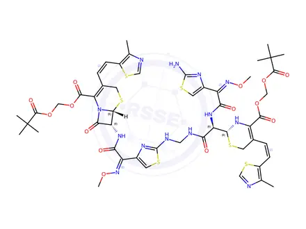 Chemical structure of (pivaloyloxy)methyl (6R,7R)-7-((Z)-2-(2-(((R,Z)-4-(2-aminothiazol-4-yl)-7-((R)-5-((Z)-2-(4-methylthiazol-5-yl)vinyl)-4-(((pivaloyloxy)methoxy)carbonyl)-3,6-dihydro-2H-1,3-thiazin-2-yl)-5,8-dioxo-2-oxa-3,6,9-triazadec-3-en-10-yl)amino)thiazol-4-yl)-2-(methoxyimino)acetamido)-3-((Z)-2-(4-methylthiazol-5-yl)vinyl)-8-oxo-5-thia-1-azabicyclo[4.2.0]oct-2-ene-2-carboxylate