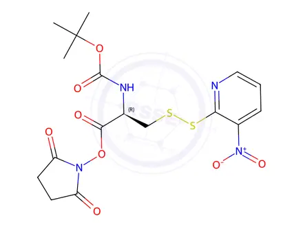 Chemical structure of tert-butyloxycarbonyl-(S-(3-nitro-2-pyridinesulfenyl))cysteine-N-hydroxysuccinimide