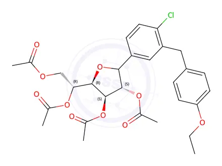 Chemical structure of (3S,4S,5R)-2-(4-chloro-3-(4-ethoxybenzyl)phenyl)-5-((R)-1,2-diacetoxyethyl)tetrahydrofuran-3,4-diyl diacetate