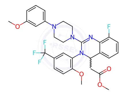 Chemical structure of Methyl 8-fluoro-3,4-dihydro-2-[4-(3-methoxyphenyl)-1-piperazinyl]-3-[2-methoxy-5-(trifluoromethyl)phenyl]-4-quinazolineacetate