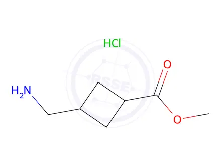 Chemical structure of methyl trans-3-(aminomethyl)cyclobutane-1-carboxylate hydrochloride
