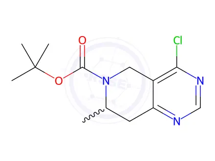 Chemical structure of Pyrido[4,3-d]pyrimidine-6(5H)-carboxylic acid, 4-chloro-7,8-dihydro-7-methyl-, 1,1-dimethylethyl ester