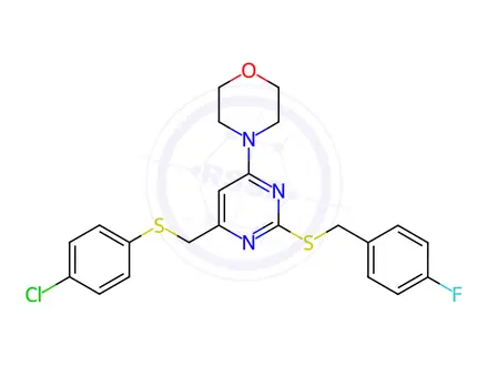 Chemical structure of 4-{6-{[(4-chlorophenyl)sulfanyl]methyl}-2-[(4-fluorobenzyl)sulfanyl]-4-pyrimidinyl}morpholine
