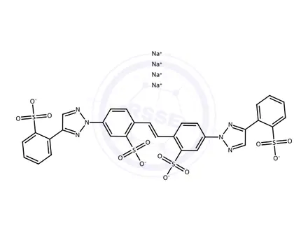 Chemical structure of Benzenesulfonic acid, 2,2'-(1,2-ethenediyl)bis[5-[4-(sulfophenyl)-2H-1,2,3-triazol-2-yl]-, sodium salt (1:x)
