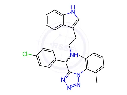 Chemical structure of N-[(4-Chlorophenyl)[1-(2,6-dimethylphenyl)-1H-tetrazol-5-yl]methyl]-2-methyl-1H-indole-3-ethanamine