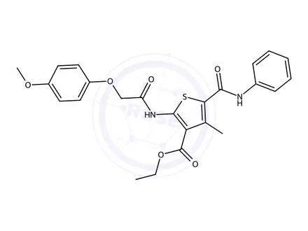 Chemical structure of Ethyl 2-(2-(4-methoxyphenoxy)acetamido)-4-methyl-5-(phenylcarbamoyl)thiophene-3-carboxylate