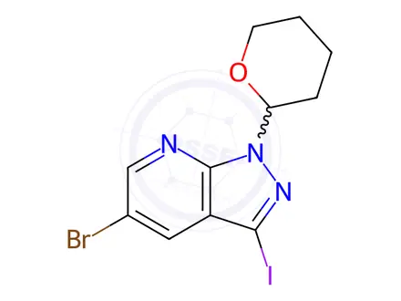 Chemical structure of 5-Bromo-3-iodo-1-(tetrahydro-2H-pyran-2-yl)-1H-pyrazolo[3,4-b]pyridine