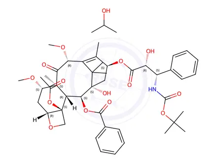 Chemical structure of (2aR,4S,4aS,6R,9S,11S,12S,12aR,12bS)-12b-Acetoxy-9-(((2R,3S)-3-((tert-butoxycarbonyl)amino)-2-hydroxy-3-phenylpropanoyl)oxy)-11-hydroxy-4,6-dimethoxy-4a,8,13,13-tetramethyl-5-oxo-2a,3,4,4a,5,6,9,10,11,12,12a,12b-dodecahydro-1H-7,11-methanocyclodeca[3,4]benzo[1,2-b]oxet-12-yl Benzoate compound with Propan-2-ol (1:1)