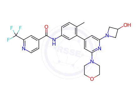 Chemical structure of N-(3-(2-(3-hydroxyazetidin-1-yl)-6-morpholinopyridin-4-yl)-4-methylphenyl)-2-(trifluoromethyl)isonicotinamide