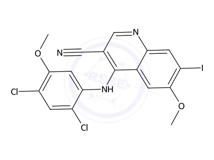 Chemical structure of 4-((2,4-Dichloro-5-methoxyphenyl)amino)-7-iodo-6-methoxyquinoline-3-carbonitrile