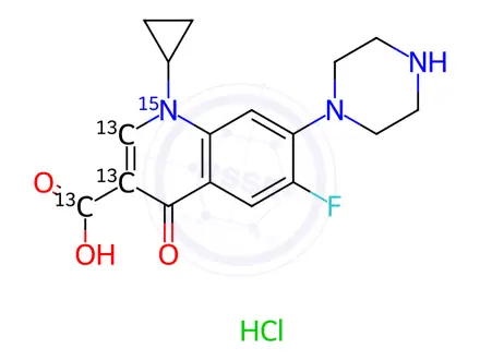 Chemical structure of Ciprofloxacin-13C3,15N hydrochloride in methanol