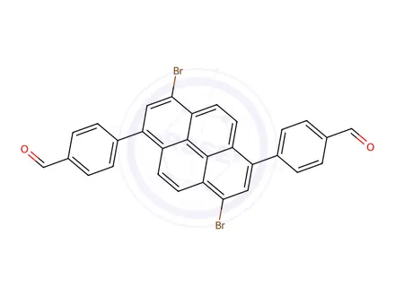 Chemical structure of 4,4'-(3,8-dibromopyrene-1,6-diyl)dibenzaldehyde