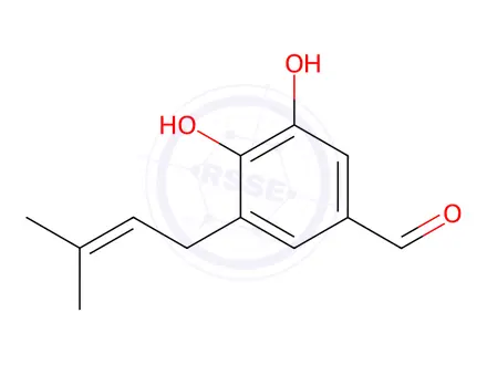 Chemical structure of Benzaldehyde, 3,4-dihydroxy-5-(3-methyl-2-butenyl)-(9CI)