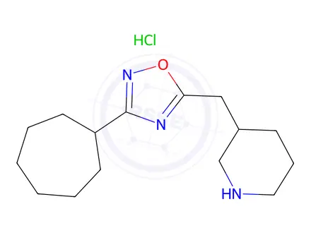 Chemical structure of 3-[(3-cycloheptyl-1,2,4-oxadiazol-5-yl)methyl]piperidine hydrochloride