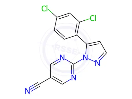Chemical structure of 2-(5-(2,4-Dichlorophenyl)-1H-pyrazol-1-yl)pyrimidine-5-carbonitrile