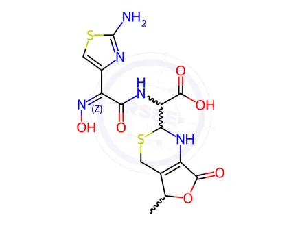 Chemical structure of 2(R)-2-[(Z)-2-(Aminothiazol-4-yl)-2-(hydroxyimino)acetamido)]-2-[(2RS,5RS)-5-methyl-7-oxo-2,4,5,7-tetrahydro-1H-furo[3,4-d][1,3]thiazin-2-yl]acetic Acid (Mixture of 4 Diastereomers)