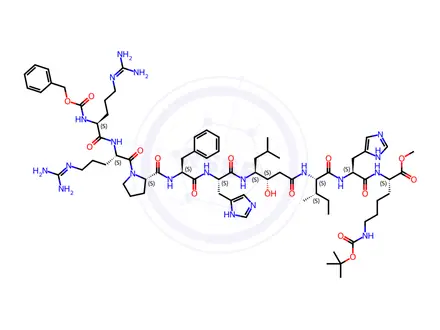 Chemical structure of Methyl N2-((3S,4S)-4-((S)-2-((S)-2-((S)-1-(((benzyloxy)carbonyl)-L-arginyl-L-arginyl)pyrrolidine-2-carboxamido)-3-phenylpropanamido)-3-(1H-imidazol-5-yl)propanamido)-3-hydroxy-6-methylheptanoyl)-L-isoleucyl-L-histidyl-N6-(tert-butoxycarbonyl)-L-lysinate