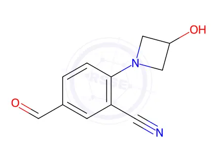 Chemical structure of Benzonitrile, 5-formyl-2-(3-hydroxy-1-azetidinyl)-