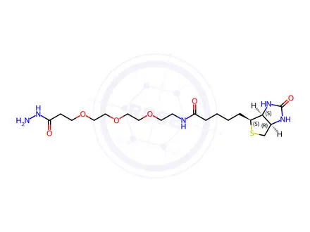Chemical structure of rel N-(2-(2-(2-(3-hydrazineyl-3-oxopropoxy)ethoxy)ethoxy)ethyl)-5-((3aS,4S,6aR)-2-oxohexahydro-1H-thieno[3,4-d]imidazol-4-yl)pentanamide