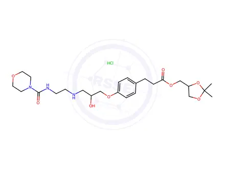 Chemical structure of (2,2-Dimethyl-1,3-dioxolan-4-yl)methyl 3-(4-(2-hydroxy-3-((2-(morpholine-4-carboxamido)ethyl)amino)propoxy)phenyl)propanoate Hydrochloride
