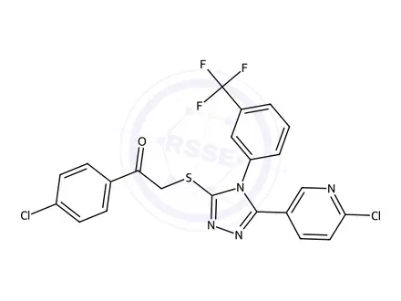 Chemical structure of 1-(4-Chlorophenyl)-2-((5-(6-chloropyridin-3-yl)-4-(3-(trifluoromethyl)phenyl)-4H-1,2,4-triazol-3-yl)thio)ethanone