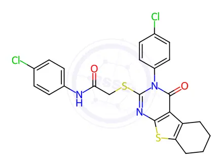 Chemical structure of N-(4-Chlorophenyl)-2-((3-(4-chlorophenyl)-4-oxo-3,4,5,6,7,8-hexahydrobenzo[4,5]thieno[2,3-d]pyrimidin-2-yl)thio)acetamide