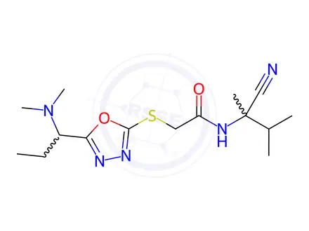 Chemical structure of N-(2-Cyano-3-methylbutan-2-yl)-2-((5-(1-(dimethylamino)propyl)-1,3,4-oxadiazol-2-yl)thio)acetamide