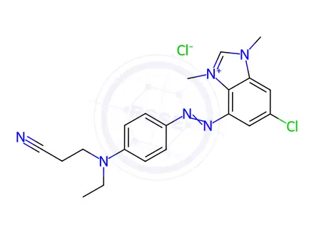 Chemical structure of 6-chloro-4-[[4-[(2-cyanoethyl)ethylamino]phenyl]azo]-1,3-dimethyl-1H-benzimidazolium chloride