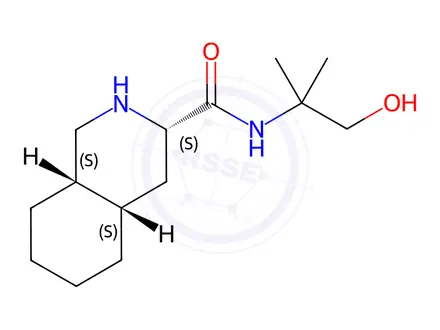 Chemical structure of (3S,4aS,8aS)-Decahydro-N-(2-hydroxy-1,1-dimethylethyl)-3-isoquinolinecarboxamide