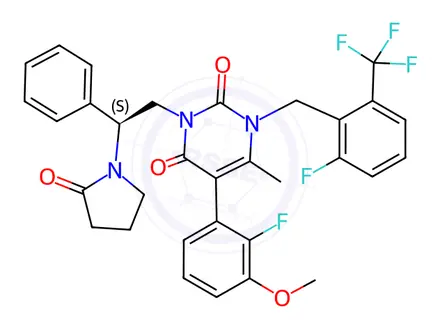 Chemical structure of 2,4(1H,3H)-Pyrimidinedione, 5-(2-fluoro-3-methoxyphenyl)-1-[[2-fluoro-6-(trifluoromethyl)phenyl]methyl]-6-methyl-3-[(2S)-2-(2-oxo-1-pyrrolidinyl)-2-phenylethyl]-