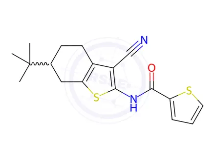Chemical structure of N-(6-(tert-butyl)-3-cyano-4,5,6,7-tetrahydrobenzo[b]thiophen-2-yl)thiophene-2-carboxamide