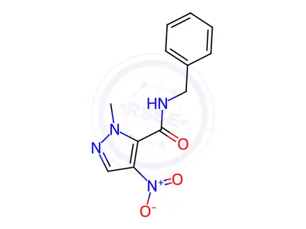 Chemical structure of 2-Methyl-4-nitro-2H-pyrazole-3-carboxylic acid benzylamide