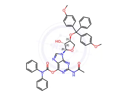 Chemical structure of Carbamic acid, N,N-diphenyl-, 2-(acetylamino)-9-[(2R,3R,4S)-4-[bis(4-methoxyphenyl)phenylmethoxy]tetrahydro-3-hydroxy-2-furanyl]-9H-purin-6-yl ester